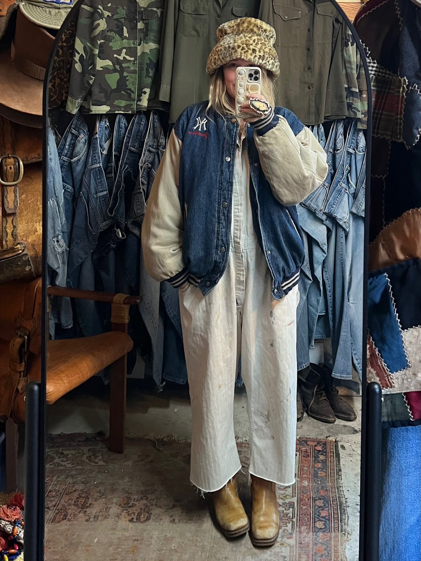 Vintage 80’s Adidas X Yankees Distressed Denim Varsity Jacket XL