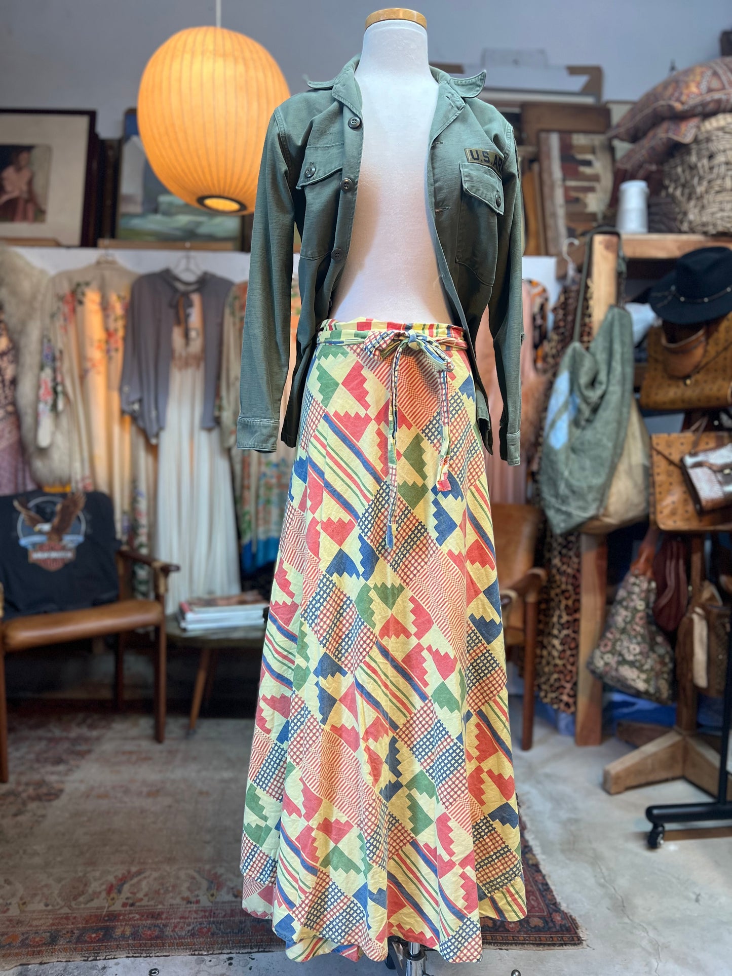 Vintage 70’s Cotton Aztec Print Wrap Maxi Skirt O/S