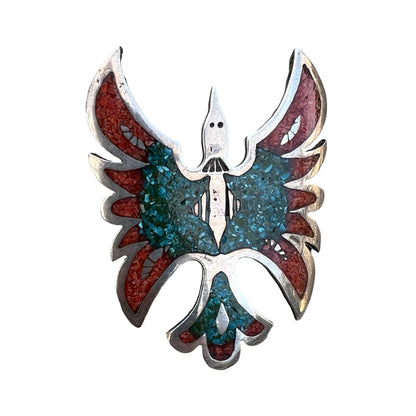 Huge Vintage Navajo Sterling Silver Turquoise & Coral Mosaic Inlay Thunderbird Ring Size 9
