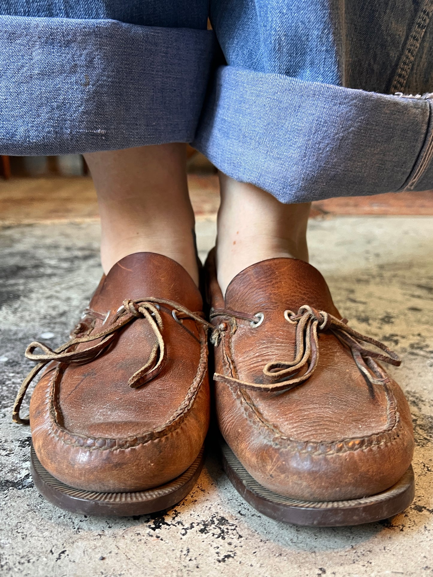 Vintage 1960’s Weron Distressed & Worn To Perfection Leather Boat Shoes Mens 8.5 Women’s 10