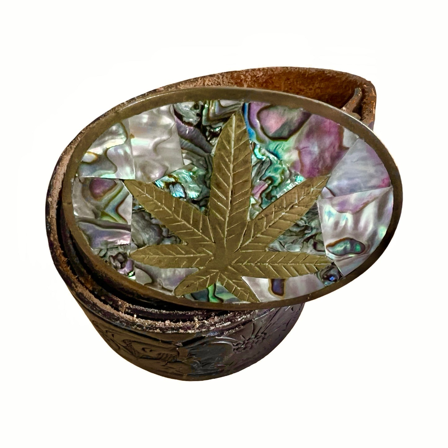 Vintage Abalone Inlay Weed Leaf Brass Buckle w Belt