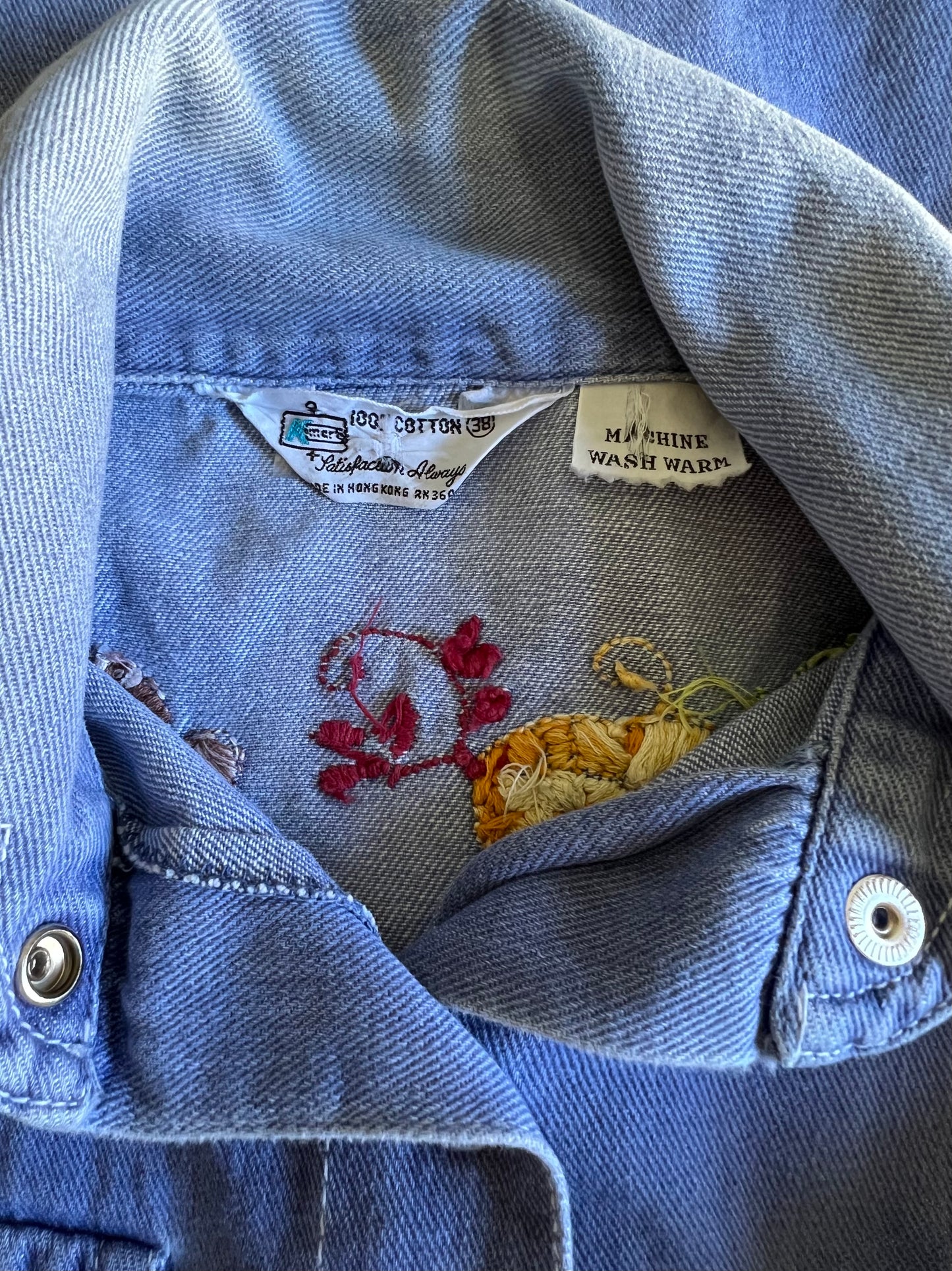 Vintage Rare 70’s KMart Hippie Denim Embroidered Metal Snap Front Shirt One Of A Kind Bohemian Treasure!