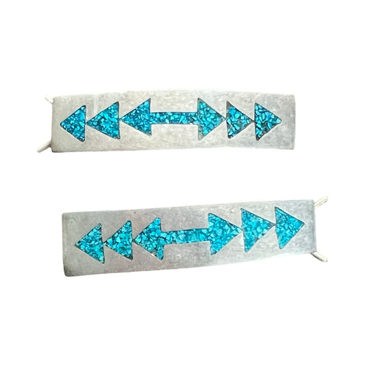 Rare Vintage Mexico Sterling Silver & Turquoise Mosaic Barrettes Pair