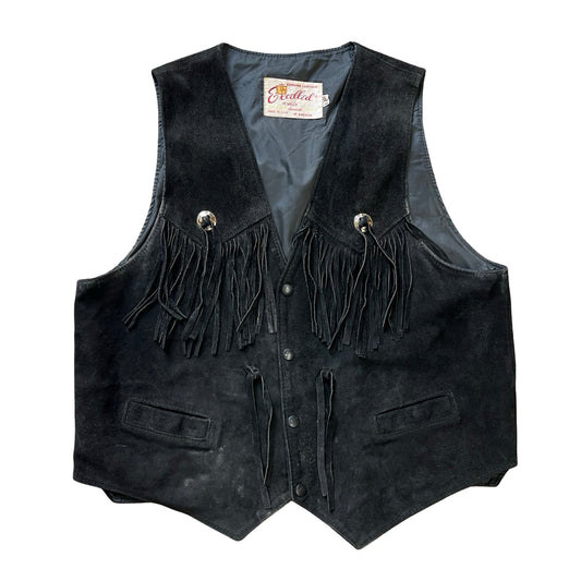 Vintage Black Suede Fringe Concho Vest Excelled L
