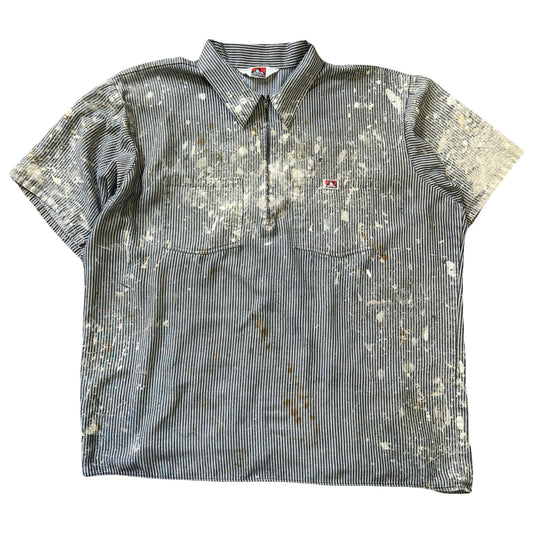 Vintage Ben Davis Hickory Striped Heavily Distressed Short Sleeve Quarter Zip Denim Work Shirt XL