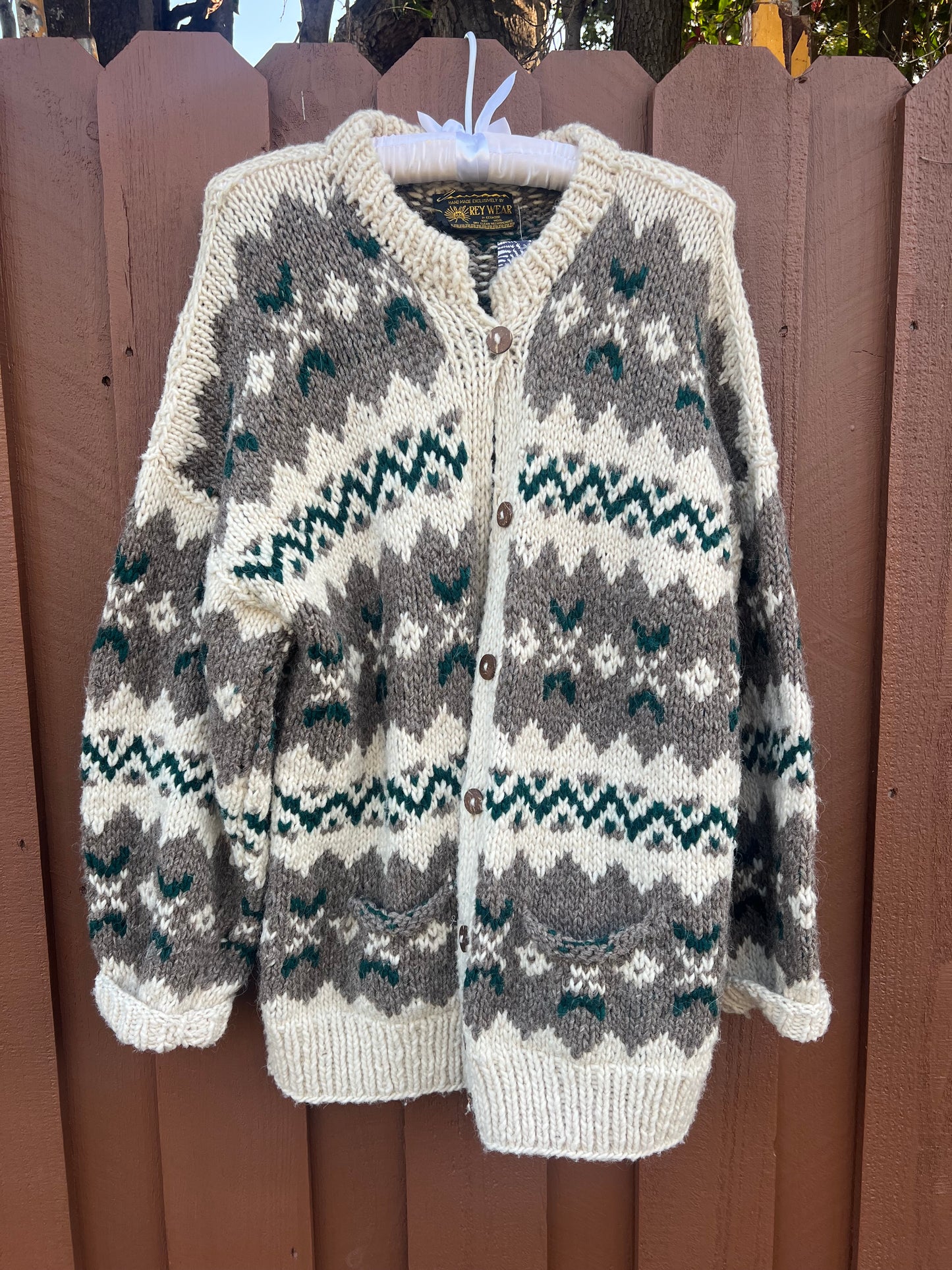 Vintage 70’s Hand Knit in Ecuador Bohemian Wool Cardigan XL