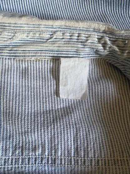 Vintage Hickory Striped Quarter Zip Denim Work Shirt Heavily Distressed XL