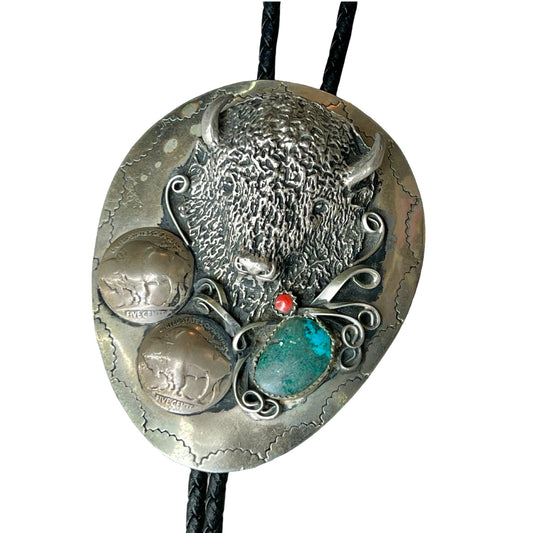 Vintage 80’s Handmade Native American Turquoise & Coral Buffalo Head Nickel Bolo Tie