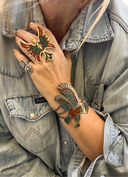 Massive Vintage Navajo Sterling Silver & Turquoise Coral Mosaic Inlay Thunderbird Cuff Signed