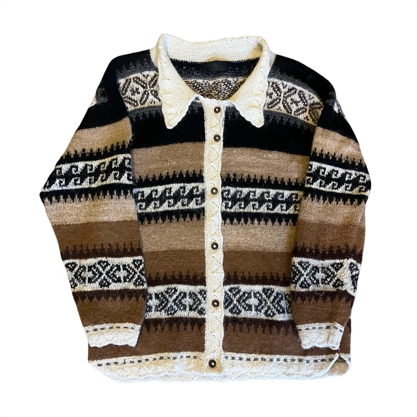Vintage Soft Alpaca Cardigan Sweater Cowichan Style Scalloped Collar & Trim