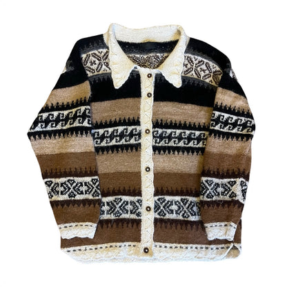 Vintage Soft Alpaca Cardigan Sweater Cowichan Style Scalloped Collar & Trim