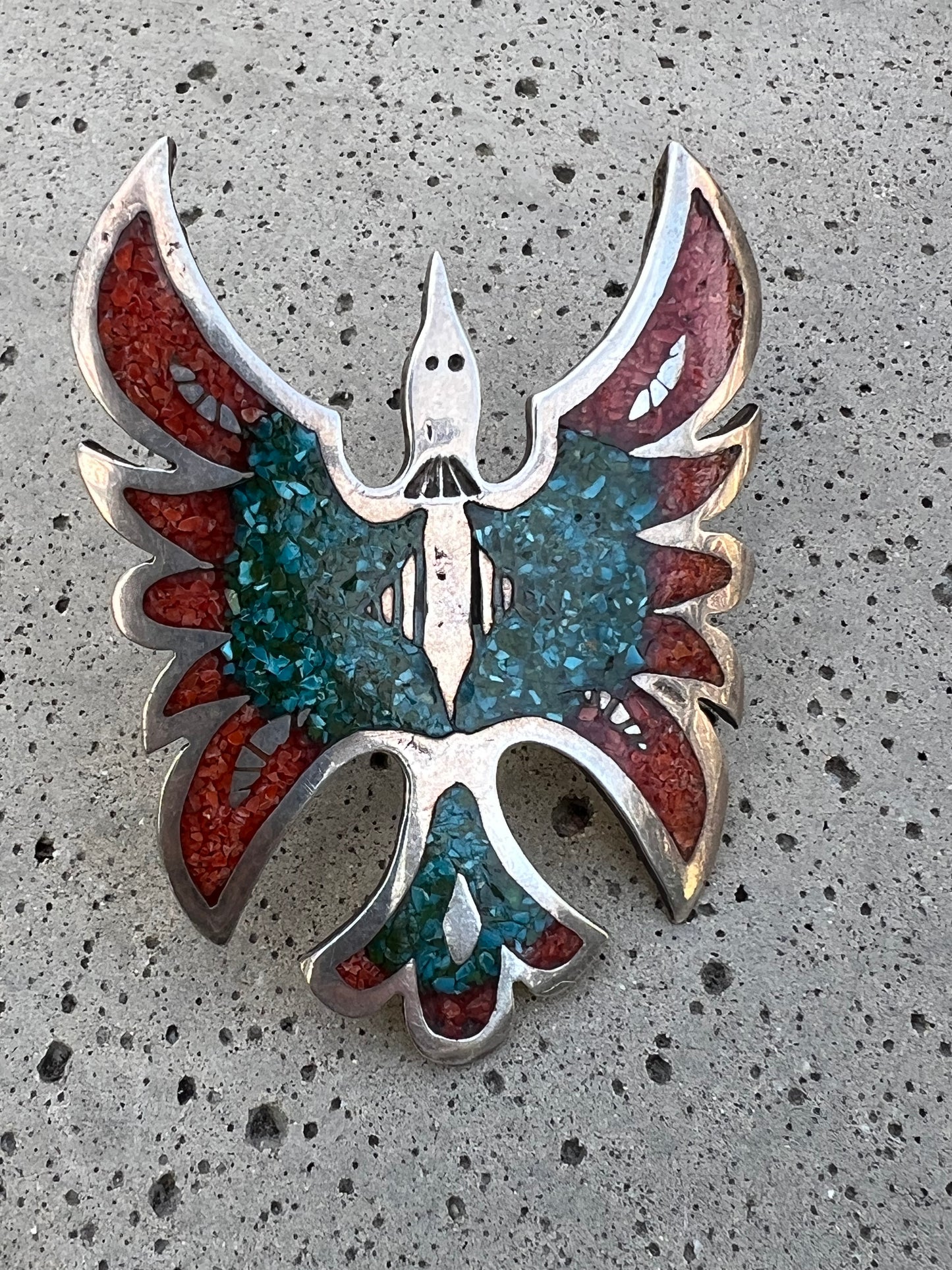 Huge Vintage Navajo Sterling Silver Turquoise & Coral Mosaic Inlay Thunderbird Ring Size 9