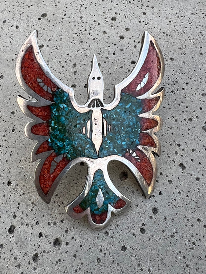 Huge Vintage Navajo Sterling Silver Turquoise & Coral Mosaic Inlay Thunderbird Ring Size 9