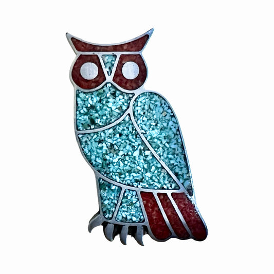 Huge Vintage Zuni Turquoise & Coral Inlay Owl Ring 9