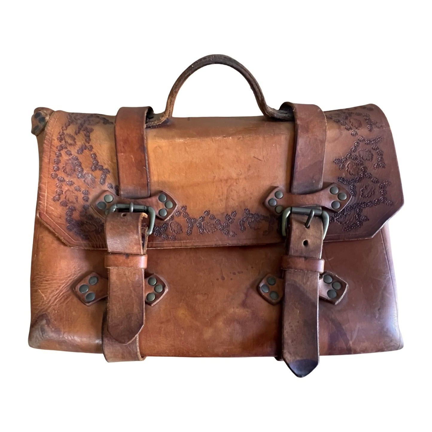 Vintage 70’s Handmade Tooled Leather Messenger Briefcase Brass Hardware