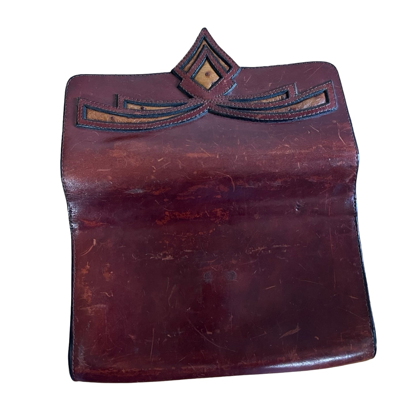 Rare Vintage 1940's Art Deco Leather Clutch Ostrich Inlay