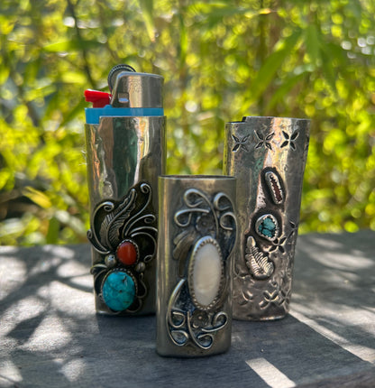 Vintage Navajo Sterling Silver and Mother of Pearl Lighter Cover for mini Bic