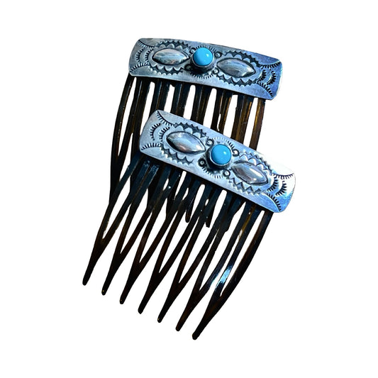 Rare Vintage 70’s Navajo Sterling Silver & Turquoise Hair Combs Pair