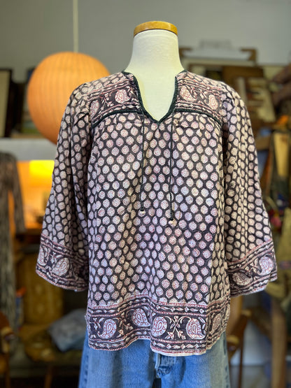 Vintage 70’s India Block Print 3/4 Bell Sleeve Cotton Blouse Rare Colorway S/M