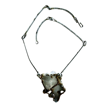 Vintage Modernist Brutalist Crystal Brass Silver Statement Necklace
