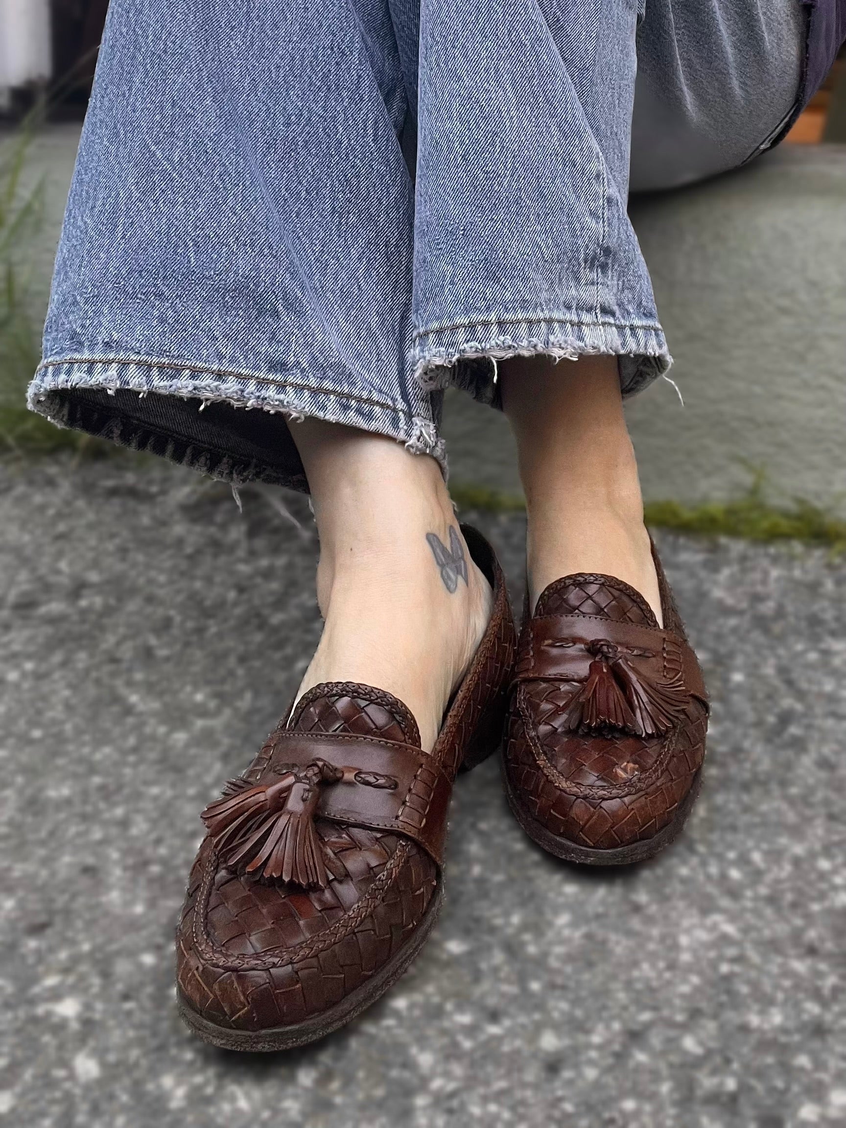 Vintage Bragano Distressed Woven Leather Tassel Loafers Made In