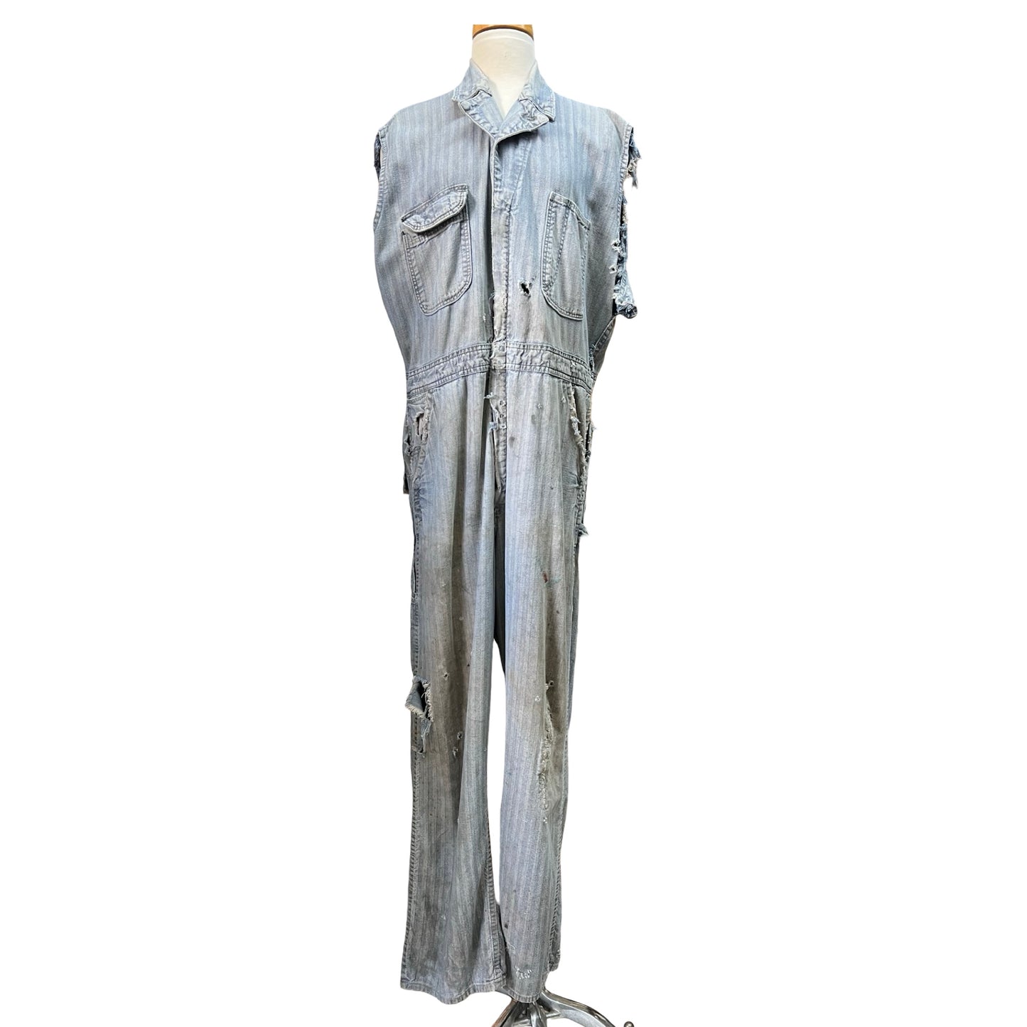 Vintage 1960’s Big Ben Herringbone Twill Heavily Distressed Cut Sleeve Sanforized Denim Jumpsuit 42