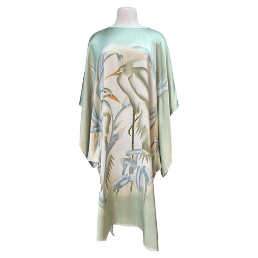 Vintage Hand Painted Batik Bird of Paradise Silk Caftan XL
