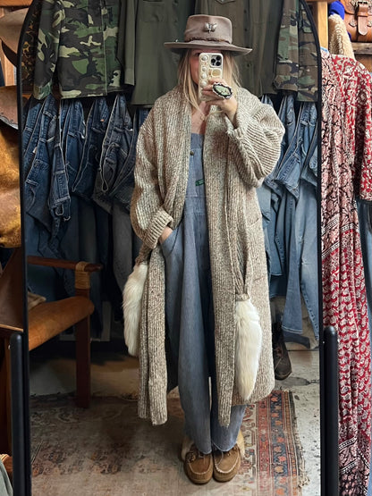 Vintage 1980’s Tony Lambert Marled Maxi Sweater Coat w/ Fur Trim Scarf