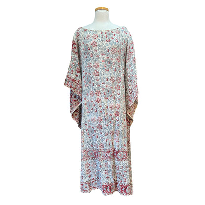 Vintage 70’s Handmade India Cotton Block Print Bohemian Midi Dress Kimono Sleeves
