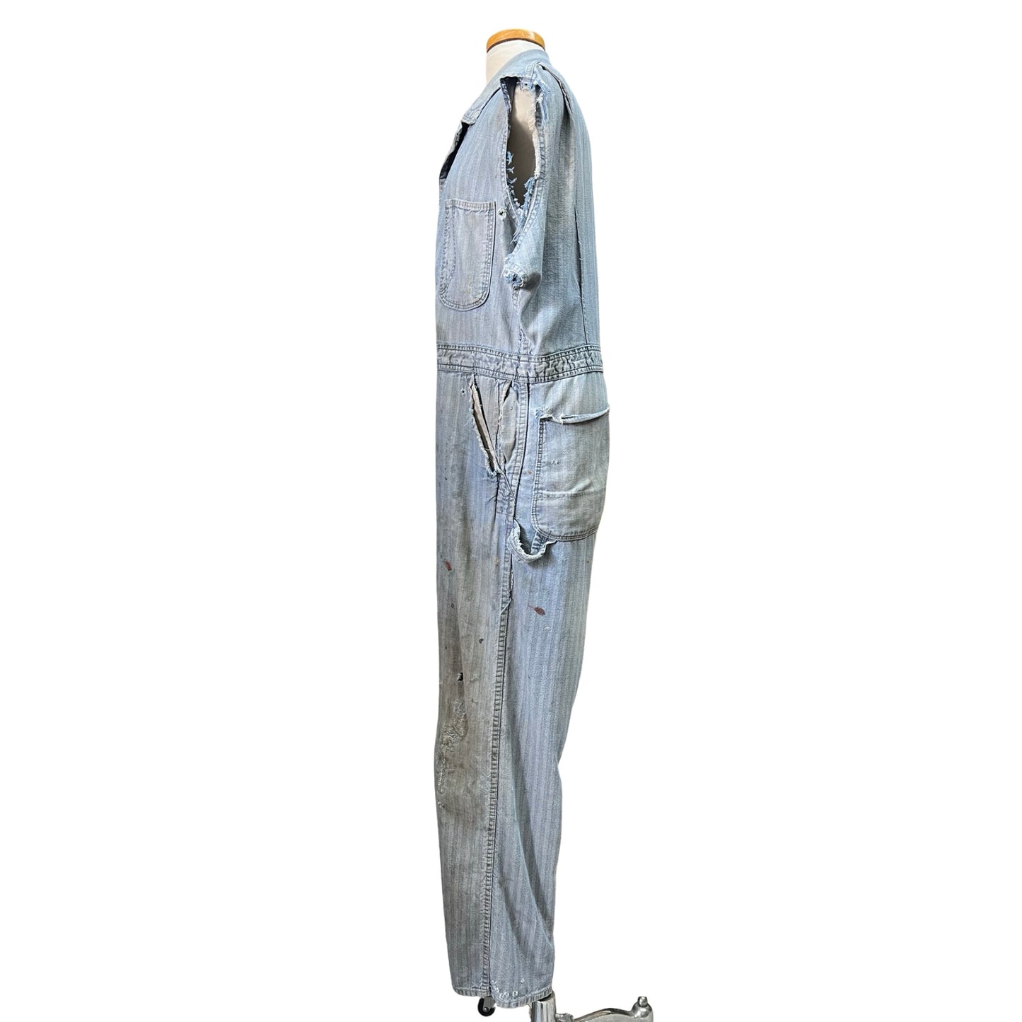 Vintage 1960’s Big Ben Herringbone Twill Heavily Distressed Cut Sleeve Sanforized Denim Jumpsuit 42