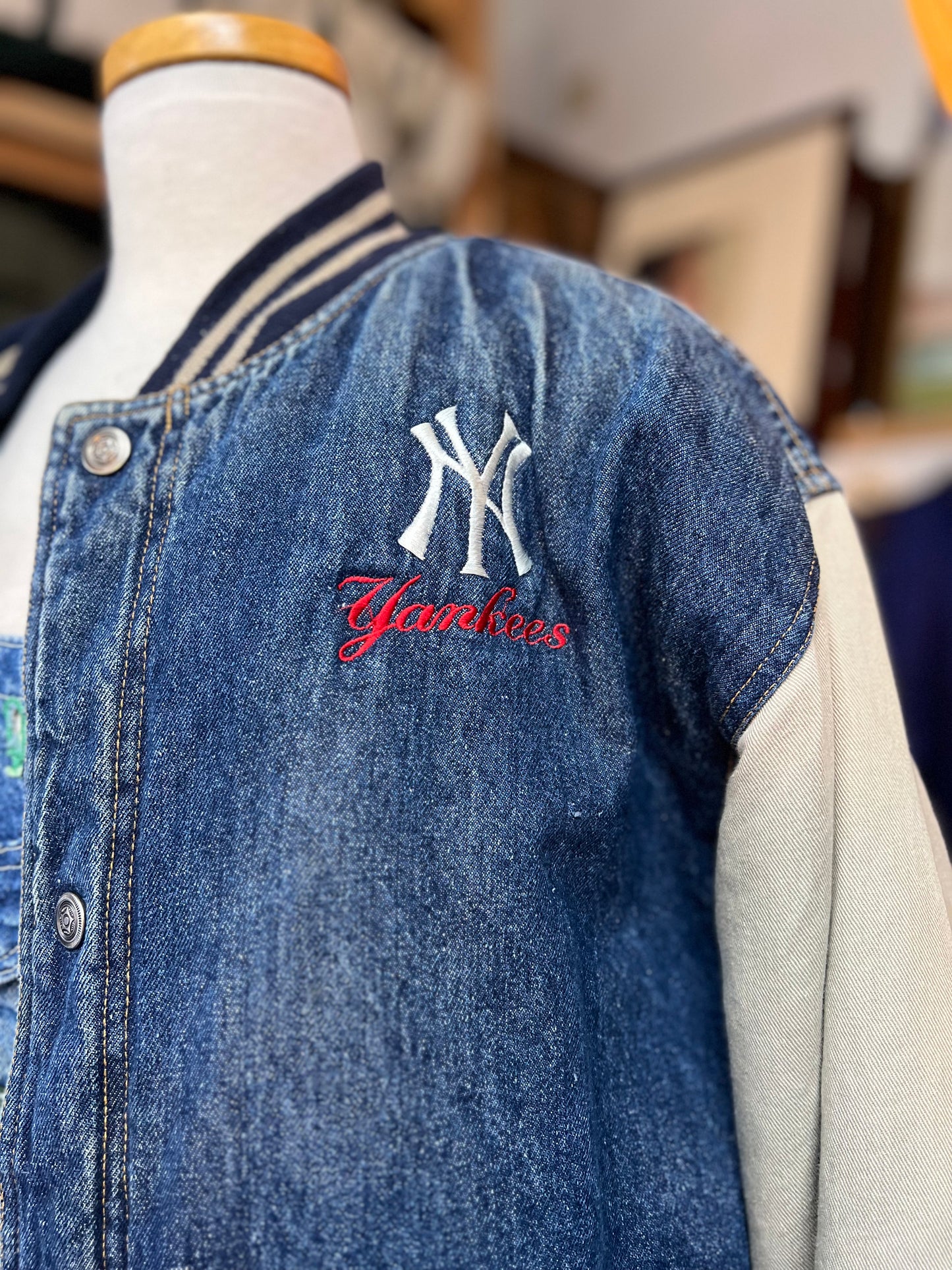 Vintage 80’s Adidas X Yankees Distressed Denim Varsity Jacket XL