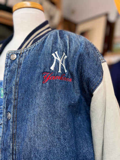 Vintage 80’s Adidas X Yankees Distressed Denim Varsity Jacket XL