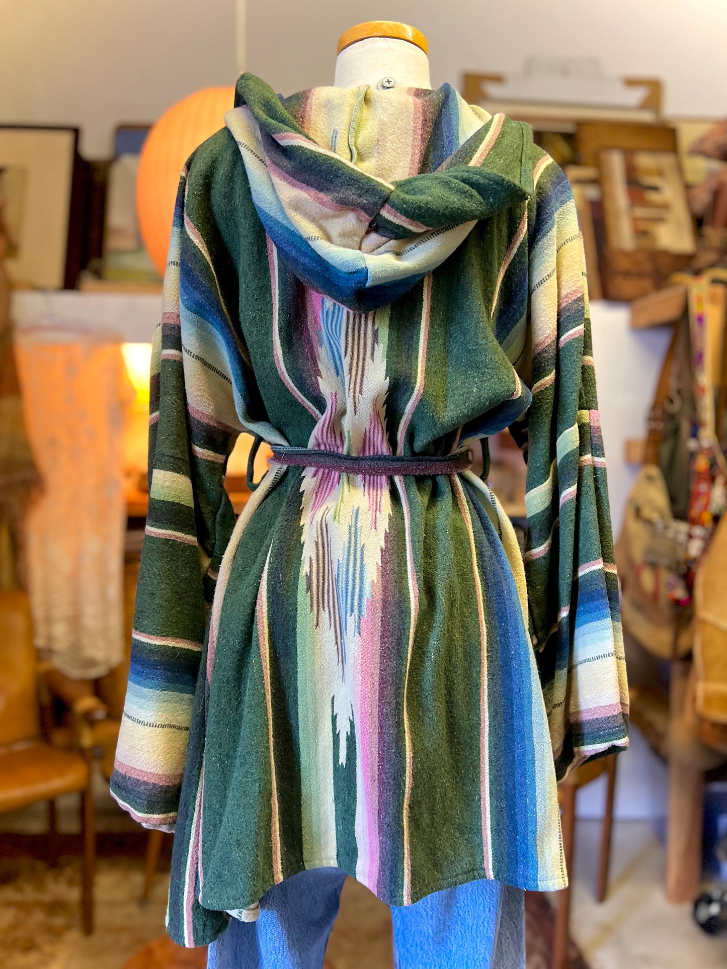 One-of-a-kind Handmade Vintage Serape Belted Hooded Surf Robe