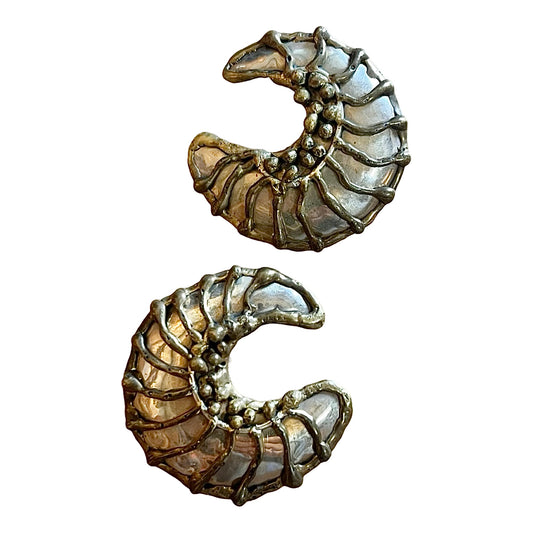 Vintage 70’s/80’s Modernist Brass & Silver Crescent Moon Earrings Hecho En Mexico