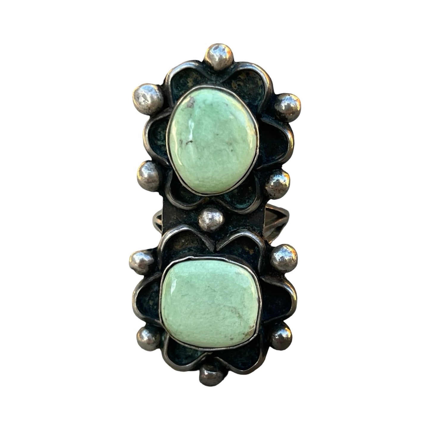 Vintage Old Pawn Green Turquoise Two Stone Ring 7