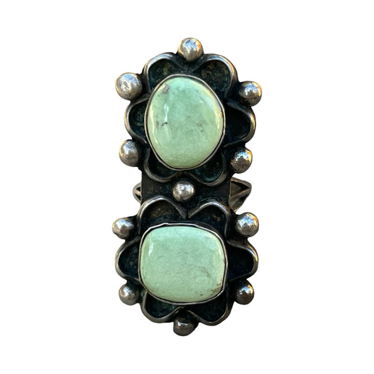 Vintage Old Pawn Green Turquoise Two Stone Ring 7