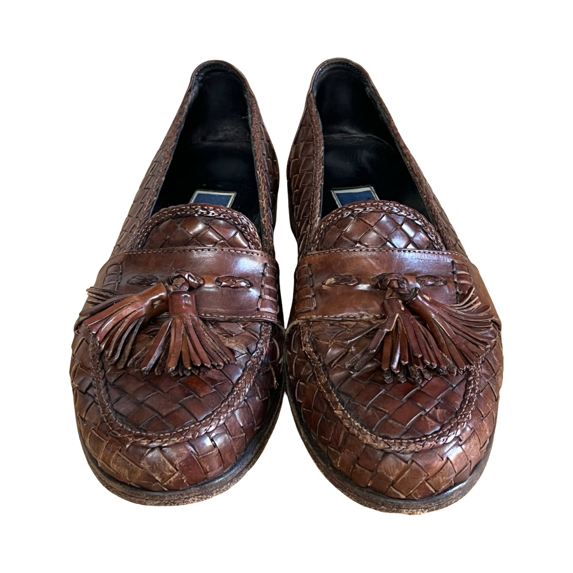 Vintage Bragano Distressed Woven Leather Tassel Loafers Made In