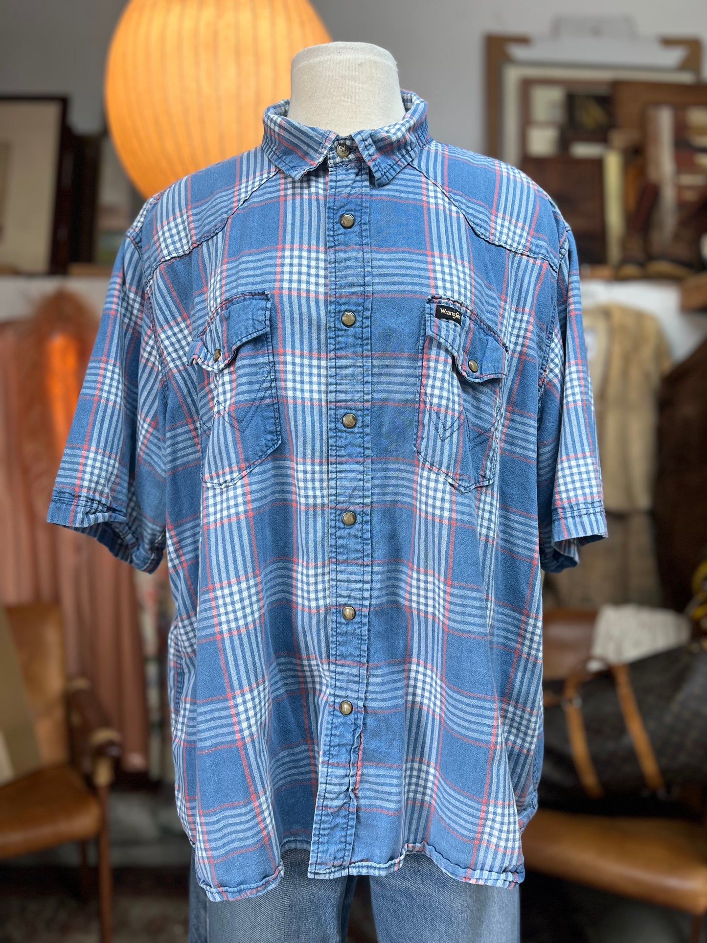 Vintage 90’s Wrangler Short Sleeve Pearl Snap Plaid Shirt XXL