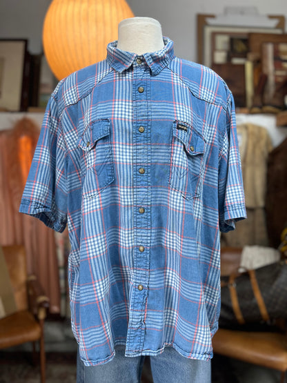 Vintage 90’s Wrangler Short Sleeve Pearl Snap Plaid Shirt XXL
