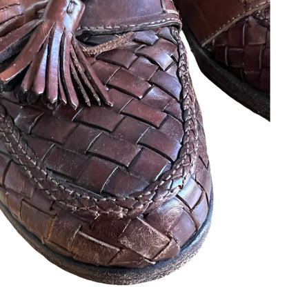 Vintage Bragano Distressed Woven Leather Tassel Loafers Made In Italy Men’s 7.5