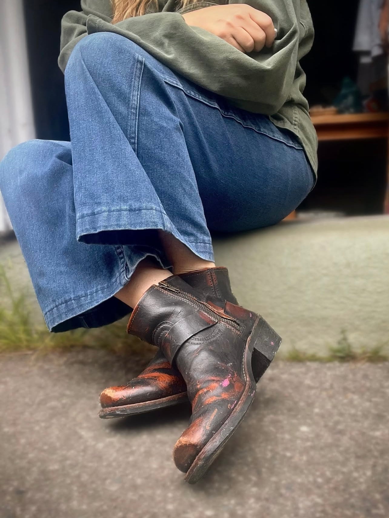 Vintage Frye Harness Ankle Zip Boots Distressed 8.5