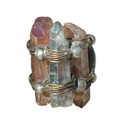 Signed Mikal Winn 2013 Three Crystal Mixed Metal Brutalist Ring Adjustable