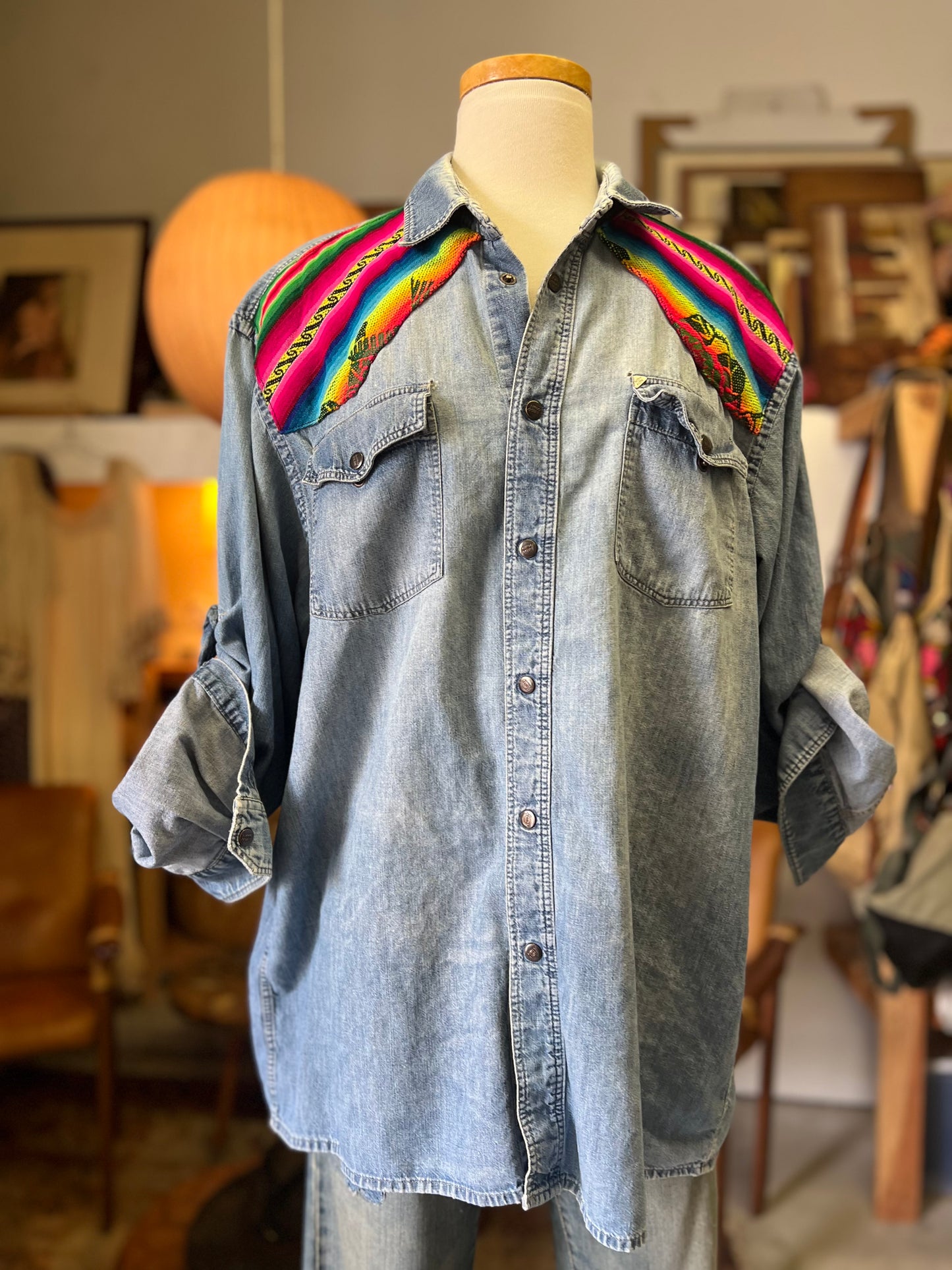 Vintage 80’s New Man Snap Front Denim Shirt w/ Serape Textile Patched Yoke L/XL