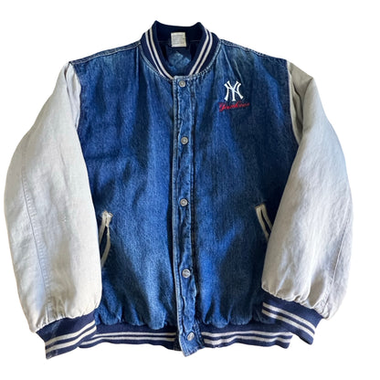 Vintage 80’s Adidas X Yankees Distressed Denim Varsity Jacket XL