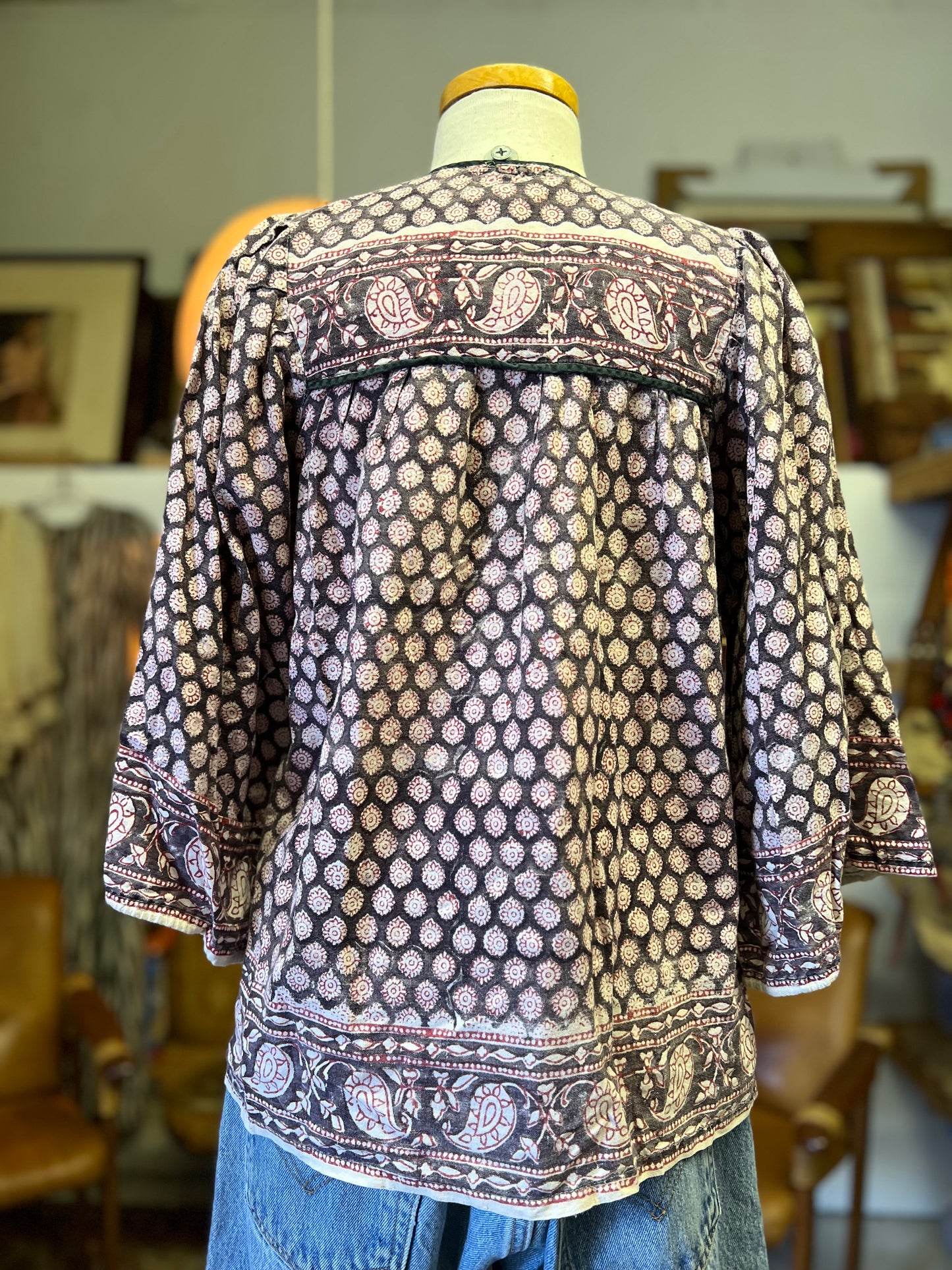 Vintage 70’s India Block Print 3/4 Bell Sleeve Cotton Blouse Rare Colorway S/M