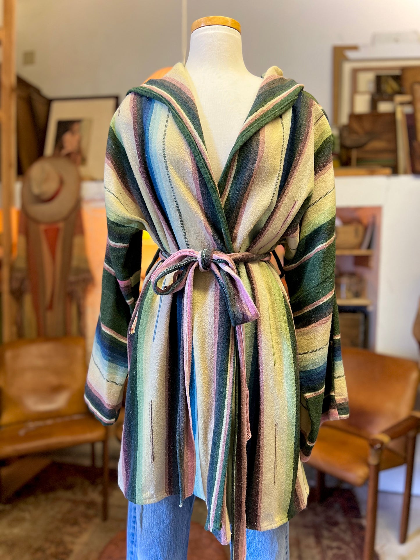 One-of-a-kind Handmade Vintage Serape Belted Hooded Surf Robe