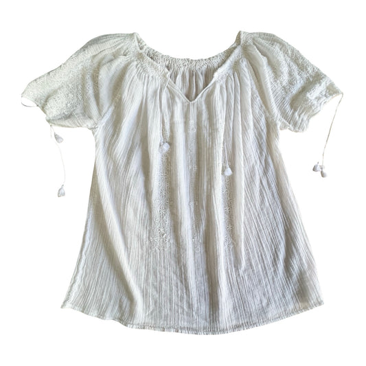 Vintage 60’s Romanian Embroidered Pintuck Smocked Gauze Top S/M