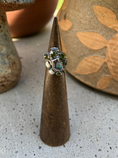 Vintage Modernist Turquoise Peridot Pearl Freeform Ring 7