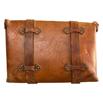 Vintage 70’s Handmade Tooled Leather Messenger Briefcase Brass Hardware