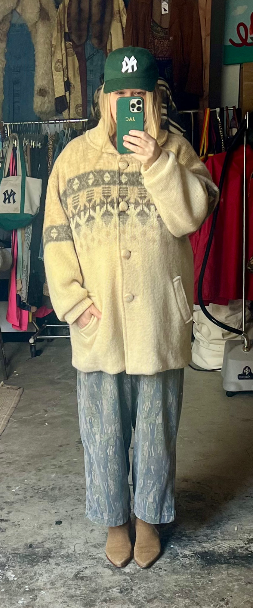 Vintage Alafoss of Iceland Nordic Print Button Front Sweater Coat L/XL